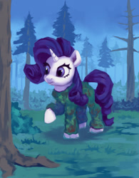 Size: 1172x1500 | Tagged: safe, artist:egn, imported from derpibooru, rarity, pony, atg 2017, camouflage, clothes, equestria daily exclusive, female, forest, newbie artist training grounds, raised hoof, solo, tree