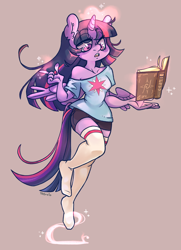 Size: 1084x1500 | Tagged: safe, artist:trgreta, imported from derpibooru, twilight sparkle, alicorn, anthro, plantigrade anthro, book, clothes, feet, magic, socks, twilight sparkle (alicorn)