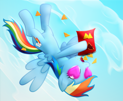 Size: 1525x1252 | Tagged: safe, artist:frogem, imported from derpibooru, rainbow dash, pony, atg 2017, chips, doritos, eating, female, flying, food, heart eyes, newbie artist training grounds, solo, wingding eyes