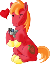 Size: 832x1070 | Tagged: safe, artist:hywther, imported from derpibooru, big macintosh, smarty pants, pony, atg 2017, eyes closed, floating heart, heart, hoof hold, love, male, newbie artist training grounds, simple background, solo, white background