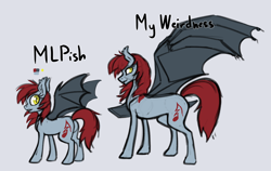 Size: 1280x809 | Tagged: safe, artist:jykinturah, imported from derpibooru, oc, oc only, oc:fickle dissonance, bat pony, pony, comparison, female, mare, style emulation