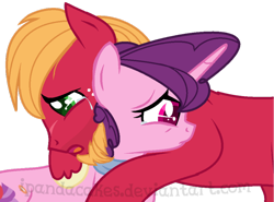 Size: 784x580 | Tagged: safe, artist:ipandacakes, imported from derpibooru, big macintosh, sugar belle, earth pony, pony, unicorn, female, hug, male, mare, shipping, simple background, stallion, story included, straight, sugarmac, transparent background