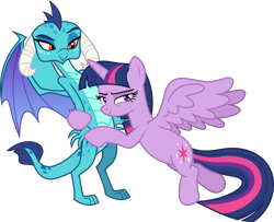 Size: 6000x4882 | Tagged: safe, artist:magister39, imported from derpibooru, princess ember, twilight sparkle, alicorn, dragon, triple threat, absurd resolution, hug, implied emberlight, simple background, this will end in snu snu, transparent background, twilight sparkle (alicorn), vector