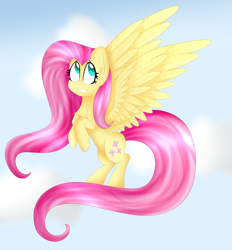 Size: 3557x3836 | Tagged: safe, artist:cosmiickatie, imported from derpibooru, fluttershy, pegasus, pony, ear fluff, female, flying, looking away, looking up, mare, sky, smiling, solo, spread wings, wings