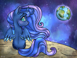 Size: 1024x778 | Tagged: safe, artist:twixyamber, imported from derpibooru, princess luna, pony, chibi, earth, female, moon, sitting, solo, space