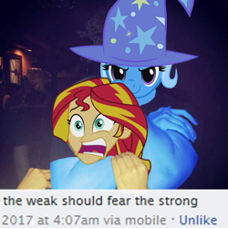 Size: 607x608 | Tagged: safe, artist:anonymous, edit, imported from derpibooru, sunset shimmer, trixie, equestria girls, sam hyde, the weak should fear the strong