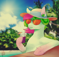 Size: 2228x2161 | Tagged: safe, artist:lollydoom, imported from derpibooru, oc, oc only, oc:watermelana, pony, beach, bust, drink, drinking straw, gradient hooves, hat, ocean, portrait, relaxing, solo, sun hat, sunglasses, ych result