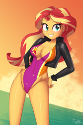 Size: 845x1267 | Tagged: safe, artist:zelc-face, imported from derpibooru, sunset shimmer, human, equestria girls, absolute cleavage, adorasexy, beach babe, beautiful, breasts, busty sunset shimmer, cleavage, clothes, cute, cutie mark swimsuit, female, high-cut clothing, jacket, leather jacket, one-piece swimsuit, purple swimsuit, sexy, shimmerbetes, sideboob, solo, stupid sexy sunset shimmer, sunset, swimsuit, tricolor swimsuit, water, zelc-face's swimsuits