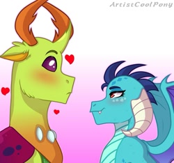 Size: 923x865 | Tagged: safe, artist:artistcoolpony, imported from derpibooru, princess ember, thorax, changedling, changeling, dragon, triple threat, blushing, dragon lord ember, embrax, female, heart, interspecies, king thorax, male, shipping, straight