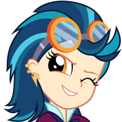 Size: 512x512 | Tagged: safe, artist:xebck, imported from derpibooru, indigo zap, derpibooru, equestria girls, friendship games, .svg available, derpibooru badge, ear piercing, earring, female, goggles, jewelry, meta, one eye closed, piercing, simple background, smiling, solo, svg, transparent background, vector, wink