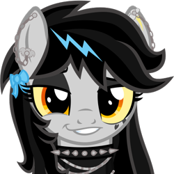 Size: 512x512 | Tagged: safe, artist:the smiling pony, imported from derpibooru, oc, oc only, oc:lightning dee, pegasus, pony, derpibooru, .svg available, black hair, bow, chains, choker, derpibooru badge, ear piercing, earring, hair bow, jewelry, meta, piercing, simple background, smiling, smirk, solo, spiked choker, svg, transparent background, vector