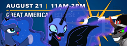 Size: 1440x525 | Tagged: safe, imported from derpibooru, king sombra, nightmare moon, princess luna, alicorn, pony, unicorn, 2017 solar eclipse, duality, eclipse, happy, solar eclipse, the fun has been doubled, the night will last forever