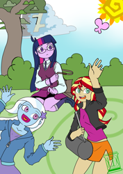 Size: 2480x3508 | Tagged: safe, artist:xonitum, imported from derpibooru, sci-twi, sunset shimmer, trixie, twilight sparkle, equestria girls, clothes, compression shorts, crystal prep academy uniform, cute, da scribble challenge, deviantart, deviantart logo, female, glasses, hoodie, jacket, leather jacket, magical trio, school uniform, side slit, skirt, skirt lift, tree, waving