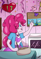 Size: 413x584 | Tagged: safe, artist:gotygoto, imported from derpibooru, pinkie pie, butterfly, equestria girls, anniversary, cooking, da scribble challenge, deviantart, female, kitchen, oven, solo, window