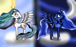 Size: 1024x640 | Tagged: safe, artist:nyck-san, imported from derpibooru, princess celestia, princess luna, pony, day, night