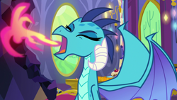 Size: 1280x720 | Tagged: safe, imported from derpibooru, screencap, princess ember, dragon, triple threat, burp, dragoness, dragonfire, eyes closed, female, fire, fire breath, fire burp, open mouth, pink fire, solo, uncouth