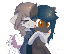 Size: 1600x1200 | Tagged: safe, artist:kebchach, imported from derpibooru, oc, oc only, oc:nuke, oc:speck, bat pony, pegasus, pony, :p, female, hug, husband and wife, licking, male, married couple, married couples doing married things, speke, tongue out