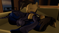 Size: 3840x2160 | Tagged: safe, artist:legoguy9875, imported from derpibooru, princess luna, oc, oc:cogs fixmore, alicorn, earth pony, pony, 3d, canon x oc, female, male, sleeping, source filmmaker, straight