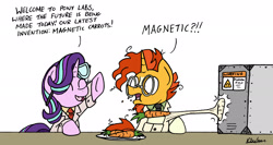 Size: 2331x1239 | Tagged: safe, artist:bobthedalek, imported from derpibooru, starlight glimmer, sunburst, pony, unicorn, atg 2017, carrot, clothes, dialogue, duo, eyes closed, food, lab coat, magnet, newbie artist training grounds, safety goggles, shrunken pupils, simple background, the muppet show, white background