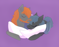 Size: 2500x2000 | Tagged: safe, artist:felie-yeo, imported from derpibooru, oc, oc only, oc:angel tears, oc:brick kindler, bat pony, pony, angelkindler, kissing, pillow, sleeping, ych result