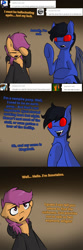 Size: 750x2250 | Tagged: safe, artist:conmanwolf, imported from derpibooru, scootaloo, oc, oc:megabolt, pegasus, pony, vampony, ask factory scootaloo, fanfic:rainbow factory, clothes, comic, facehoof, factory scootaloo