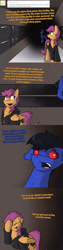 Size: 750x3000 | Tagged: safe, artist:conmanwolf, imported from derpibooru, scootaloo, oc, oc:megabolt, pegasus, pony, vampony, ask factory scootaloo, fanfic:rainbow factory, clothes, comic, facehoof, factory scootaloo, pipe (plumbing)