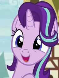 Size: 565x746 | Tagged: safe, imported from derpibooru, screencap, starlight glimmer, pony, unicorn, triple threat, bust, cute, female, glimmerbetes, hair flip, hair over one eye, happy, mare, open mouth, portrait, smiling, solo
