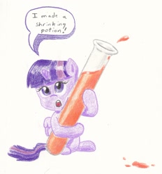 Size: 1678x1811 | Tagged: safe, artist:lost marbles, imported from derpibooru, twilight sparkle, alicorn, pony, female, micro, potion, shrunk, solo, test tube, traditional art, twilight sparkle (alicorn)