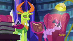 Size: 1920x1080 | Tagged: safe, imported from derpibooru, screencap, thorax, twilight sparkle, alicorn, changedling, changeling, pony, triple threat, book, chair, discovery family logo, king thorax, levitation, lidded eyes, magic, smiling, telekinesis, that pony sure does love chairs, twilight sparkle (alicorn)