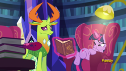 Size: 1920x1080 | Tagged: safe, imported from derpibooru, screencap, thorax, twilight sparkle, alicorn, changedling, changeling, pony, triple threat, bedroom eyes, book, chair, comfy, discovery family logo, king thorax, lamp, levitation, magic, smiling, telekinesis, twilight sparkle (alicorn)