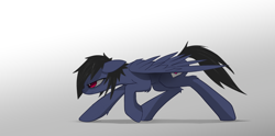 Size: 2880x1431 | Tagged: safe, artist:fenixdust, imported from derpibooru, oc, oc only, oc:elixir, pegasus, pony, crouching, female, floppy ears, frown, gradient background, mare, sneaking, solo, wings