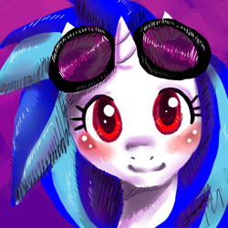 Size: 512x512 | Tagged: safe, artist:autumnmelody, derpibooru exclusive, imported from derpibooru, dj pon-3, vinyl scratch, pony, unicorn, blushing, bust, female, gradient background, looking at you, mare, portrait, smiling, solo, wrong eye color