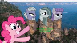 Size: 3200x1780 | Tagged: safe, artist:didgereethebrony, edit, imported from derpibooru, limestone pie, marble pie, maud pie, pinkie pie, pony, australia, blue mountains, digital art, pie sisters, siblings, sisters