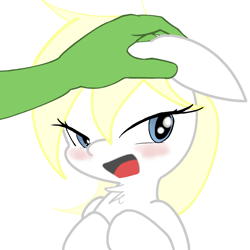 Size: 1025x1024 | Tagged: safe, artist:luzion, artist:randy, edit, imported from derpibooru, oc, oc only, oc:anon, oc:aryanne, human, anonymous, blonde, blue eyes, blushing, chest fluff, colored, floppy ears, hand, happy, looking away, petting, simple background, white background