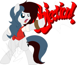 Size: 1280x1081 | Tagged: safe, artist:natusoulsilver, imported from derpibooru, oc, oc only, oc:mira songheart, earth pony, pony, ace attorney, apollo justice, bipedal, clothes, cosplay, costume, female, mare, objection, pointing, simple background, solo, transparent background