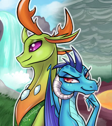 Size: 960x1080 | Tagged: safe, artist:jessicanyuchi, imported from derpibooru, princess ember, thorax, changedling, changeling, dragon, triple threat, changeling x dragon, embrax, female, interspecies, king thorax, male, shipping, smiling, straight, waterfall