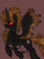 Size: 768x1024 | Tagged: safe, artist:zigragirl, imported from derpibooru, oc, oc only, oc:darkfire, alicorn, pony, alicorn oc, antagonist, corrupted, dripping, glowing eyes, irc, male, mane of fire, simple background, smiling, smirk, solo, stallion, traditional art