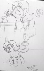 Size: 1254x1996 | Tagged: safe, artist:binkyt11, derpibooru exclusive, imported from derpibooru, starlight glimmer, pony, unicorn, atg 2017, comic, female, levitation, magic, mare, micro, monochrome, newbie artist training grounds, potion, shrinking, telekinesis, traditional art