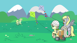 Size: 2926x1646 | Tagged: safe, artist:dinkyuniverse, imported from derpibooru, apple honey, apple mint, apple tarty, derpy hooves, jinx, pony, bandage, chest fluff, cute, disabled, female, field, grass field, kite, mother and daughter, playing, trotting, unshorn fetlocks, wheelchair