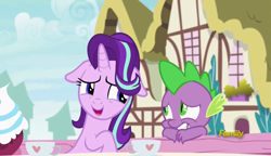 Size: 1280x738 | Tagged: safe, imported from derpibooru, screencap, spike, starlight glimmer, dragon, pony, unicorn, triple threat, cup, cute, daaaaaaaaaaaw, epic, female, floppy ears, glimmerbetes, grin, looking at you, male, mare, open mouth, smiling, spikabetes, teacup