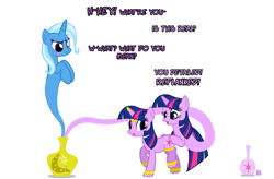 Size: 1050x689 | Tagged: safe, artist:navitaserussirus, imported from derpibooru, trixie, twilight sparkle, genie, pony, cropped, female, lesbian, shipping, twixie, twolight