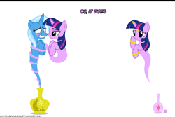 Size: 1050x700 | Tagged: safe, artist:navitaserussirus, imported from derpibooru, trixie, twilight sparkle, genie, pony, cropped, female, lesbian, self paradox, shipping, twixie