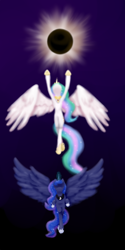 Size: 800x1600 | Tagged: safe, artist:timid tracks, imported from derpibooru, princess celestia, princess luna, alicorn, pony, eclipse, female, magic, mare, royal sisters, sisters, spread wings, wings