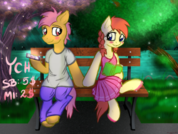 Size: 2000x1500 | Tagged: safe, artist:kruszyna25, artist:kruszynka25, imported from derpibooru, oc, oc only, pony, blushing, book, cellphone, clothes, female, looking at each other, male, mare, park, phone, river, shy, smartphone, stallion, tree, your character here