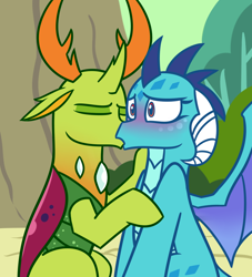 Size: 1010x1110 | Tagged: dead source, safe, artist:radek1212, imported from derpibooru, princess ember, thorax, changedling, changeling, dragon, triple threat, blushing, changeling x dragon, cute, embrax, eyes closed, female, interspecies, king thorax, kiss on the lips, kissing, male, shipping, sitting, straight