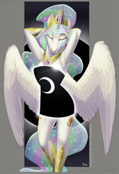 Size: 1025x1500 | Tagged: safe, artist:loupgarou, imported from derpibooru, princess celestia, alicorn, anthro, arm behind head, armpits, censored, clothes, dress, eclipse, eclipse dress, female, hoers, mare, solar eclipse, solo