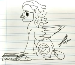 Size: 1385x1198 | Tagged: safe, artist:summerium, imported from derpibooru, oc, oc only, oc:summer lights, pegasus, pony, blushing, book, geology, glasses, lined paper, male, sitting, solo, spanish, text, traditional art