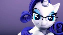 Size: 1920x1080 | Tagged: safe, artist:flushthebatsanta, imported from derpibooru, rarity, pony, unicorn, 3d, female, glasses, looking at you, simple background, solo, source filmmaker
