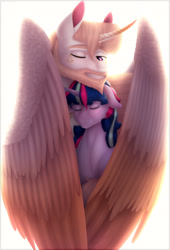 Size: 1938x2852 | Tagged: safe, artist:rubyflank, imported from derpibooru, princess celestia, twilight sparkle, alicorn, pony, curved horn, dusk shine, eyes closed, gay, hug, male, one eye closed, prince solaris, rule 63, shipping, stallion, twilestia, winghug