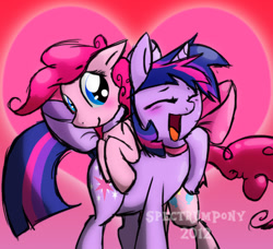 Size: 714x650 | Tagged: safe, artist:justagirlonline, imported from derpibooru, pinkie pie, twilight sparkle, pony, blushing, bow, eyes closed, female, laughing, lesbian, neck bow, shipping, tongue out, twinkie